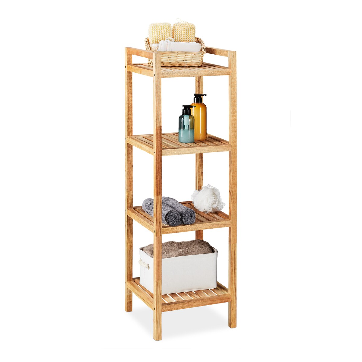 Relaxdays Badregal, Walnuss, 4 Ablagen, HxBxT: 110 x 35 x 35 cm, Standregal für Badezimmer & Küche, freistehend, natur