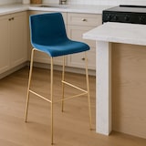 thumbnail of Sgabello da bar Hoover in velluto con struttura a quattro gambe oro blu