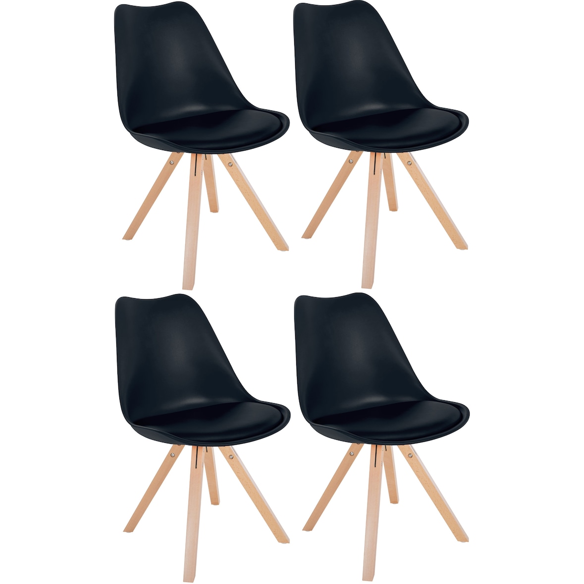 Set de 4 sillas de comedor Sofia con base de madera y asiento en polipiel Negro/Natural (cuadrado)