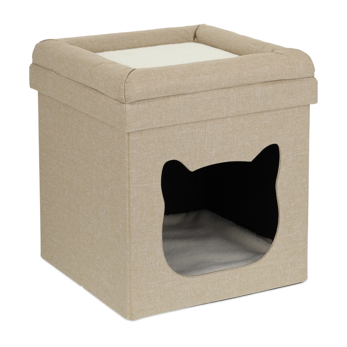 Relaxdays Katzenhöhle indoor, Schlafplatz für Samtpfoten, Katzenbox 2 Etagen, faltbar, HBT: 44 x 40 x 40 cm, braun/weiß