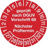 thumbnail of Prüfplakette ab 27, DGUV Vorschrift 68 Nächster Prüftermin, rot/weiß, Folie,  Ø 30 mm - Bogen = 10 Stk. - 30 mm Folie selbstklebend