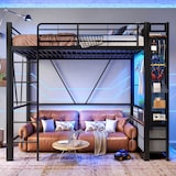 thumbnail of Hochbett 90x200 Metallrahmen mit LED-Beleuchtung, USB + Typ-C Anschluss, 4 Schubladen, Hängestangen, Lochbretter, Stauraum, Schwarz