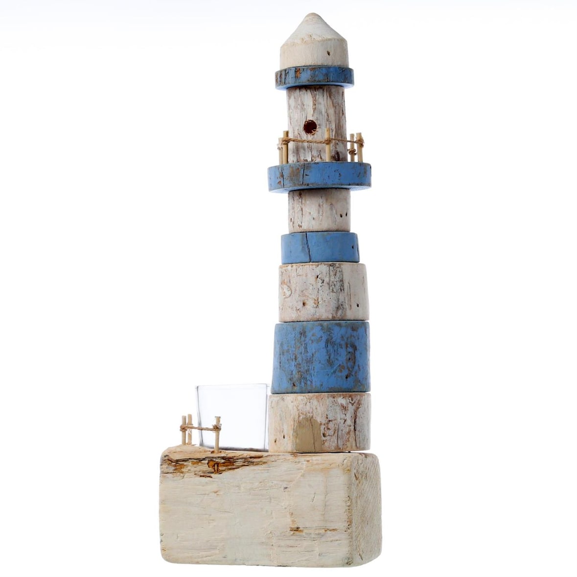 Teelichthalter Leuchtturm Maritim Windlicht Teelichtglas Holz 39,5cm weiß blau