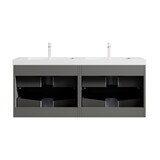 thumbnail of Badezimmer-Waschtisch 120x46x53 Doppelbecken Kunststein Sperrholz Schubladen Soft-Close Stauraum Modern Dunkelgrau+Holzmaserung