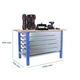 thumbnail of SimonRack Bancada de trabalho industrial com 5 gavetas, 1500x750 mm, Tampo de madeira laminada 32 mm, Carga 1000 kg, Azul - BT-6 PRO