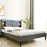 thumbnail of Merax LED Doppelbett 160x200 Polsterbett aus Leinen mit Stauraum-Kopfteil @ 2 Steckdosen @ 2 USB & Lattenrost Grau