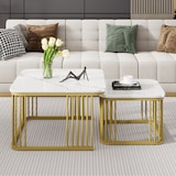 thumbnail of Merax 2er Set quadratische Hochglanz-Marmoroptik-Couchtische, ineinander schiebbare Tische mit goldenen Beinen, 70x70x45cm und 50x50x36,5cm, Weiß