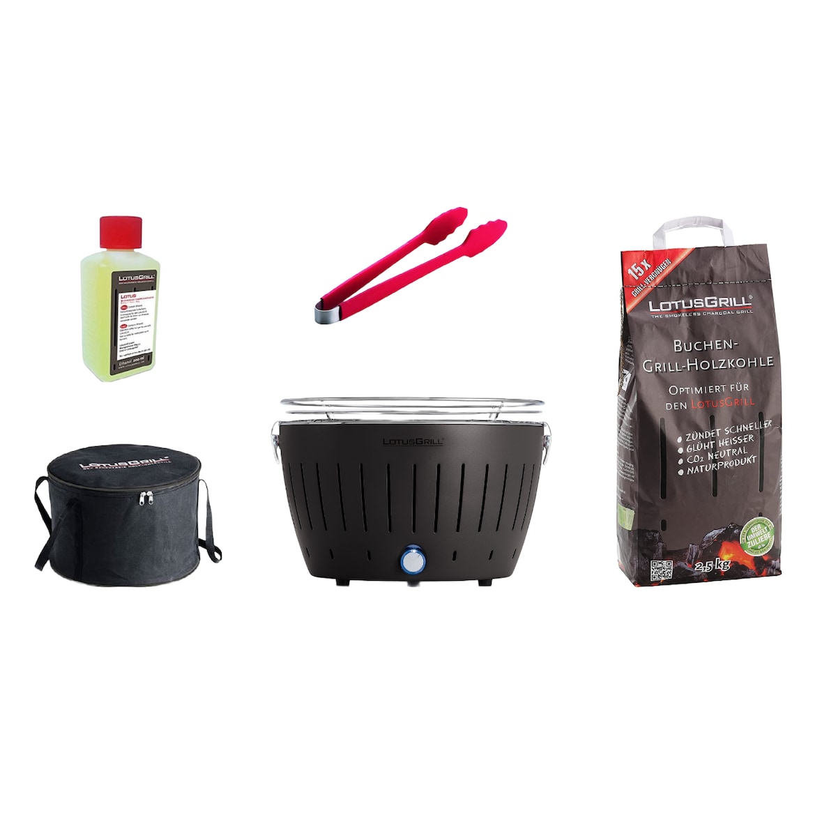LotusGrill Starter-Set Classic 1x Grill Anthrazitgrau mit USB-Anschluß, 1x Buchenholzkohle 2,5 kg, 1x Brennpaste 200ml, 1x Würstchenzange (Farbe nach