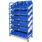 thumbnail of Schrägboden-Regalwagen mit 6 Ebenen, bestückt mit 12 Euroboxen BxTxH 600x400x150 mm durchbrochen, BxTxH 1050x500x1690 mm (blau)