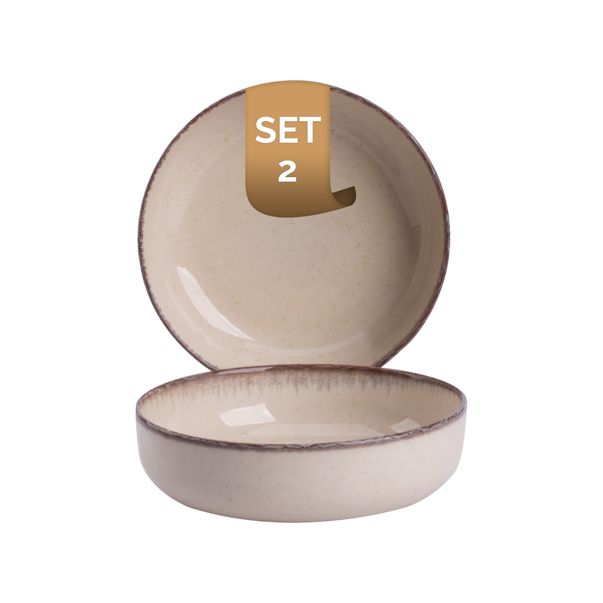 2 x palmer Antigo Schale flach im Set, Porzellan, Ø  15 cm, 0,47 L, crème fein braun umrandet, glänzend, handwerkliche Ausstrahlung