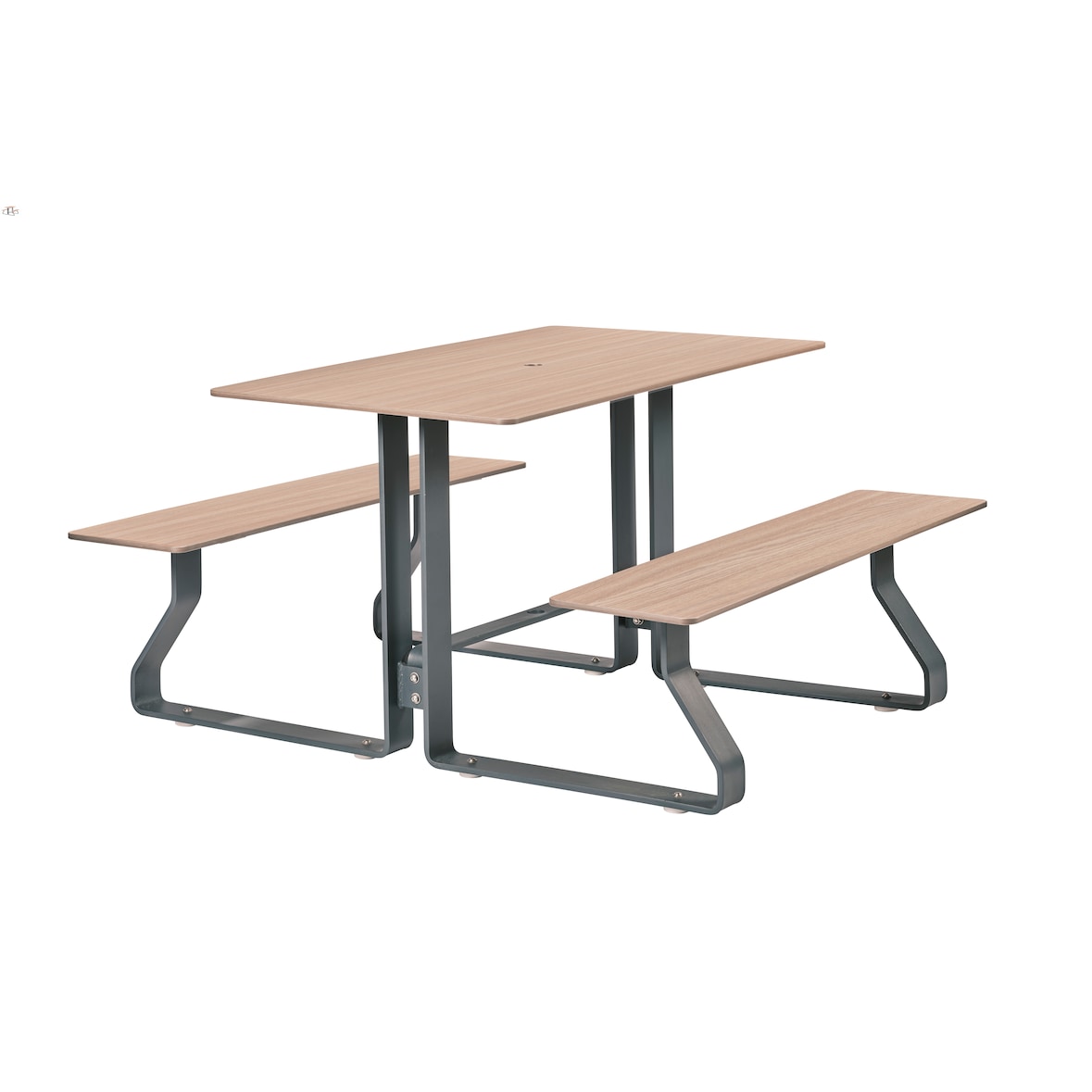 Euroterrasse Table+assises hysope 4pl l1180mm rectangle tp diam50 metal gris 7016 hpl chene clair