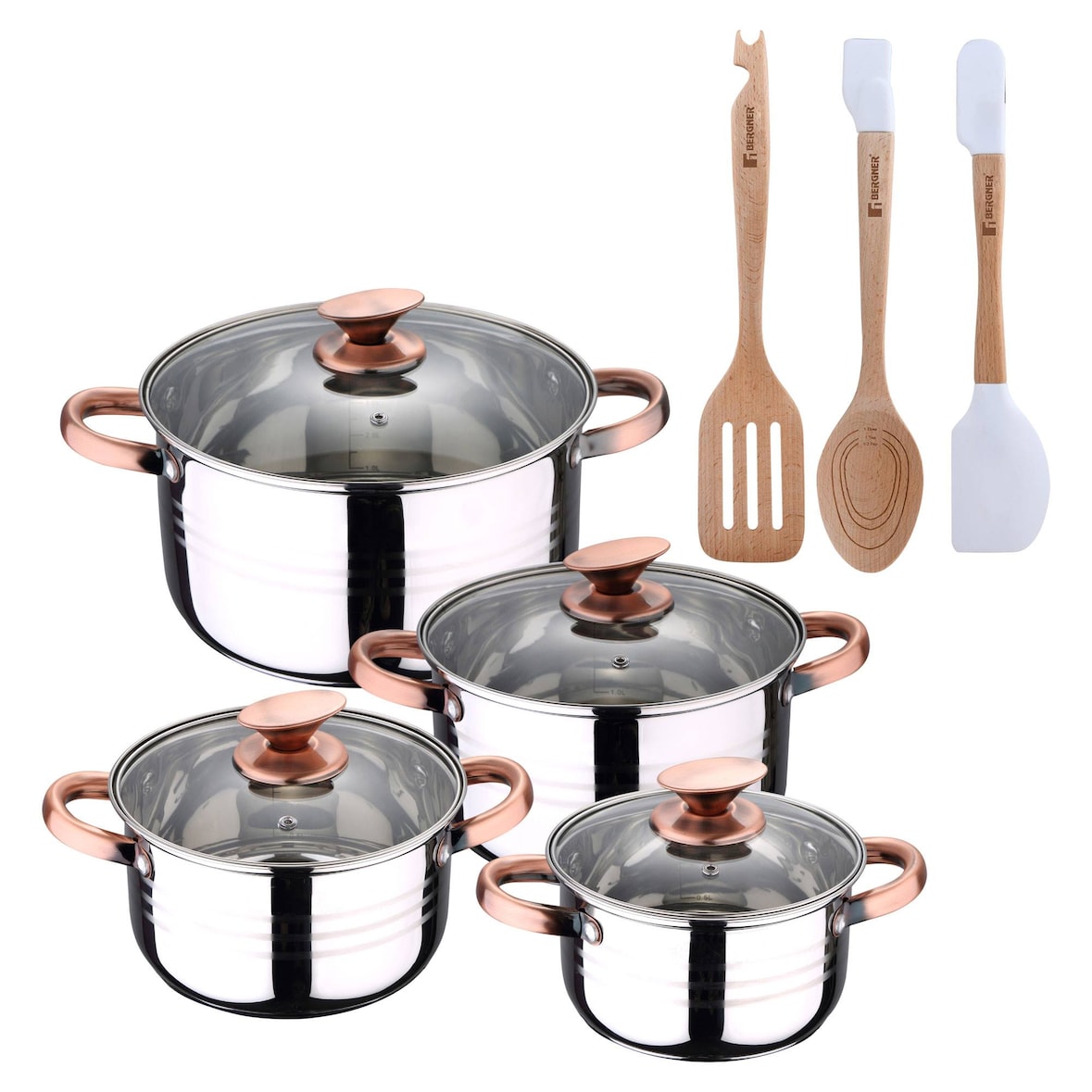 BERGNER - NONA 8-teiliges Kochgeschirr-Set (16/18/20/24cm) aus Edelstahl, induktionsgeeignet, mit einem Set aus 3 Silikon- und Holzutensilien