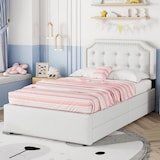 thumbnail of Polsterbett 90x200 mit Stauraum, Bettgestell mit zwei Schubladen, verstellbarer Nachttisch, gepolstertes Einzelbett mit Leinenbezug Hellbeige