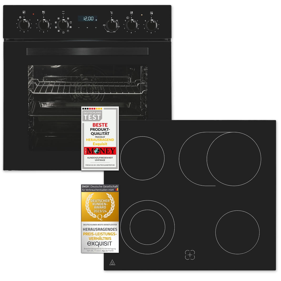 Exquisit Herd-Set EHE285-HBZ-020-Set schwarz | Energieeffizienzklasse A | 75 l Garraum | Glaskeramik Kochfeld | Herd-Set 60 cm