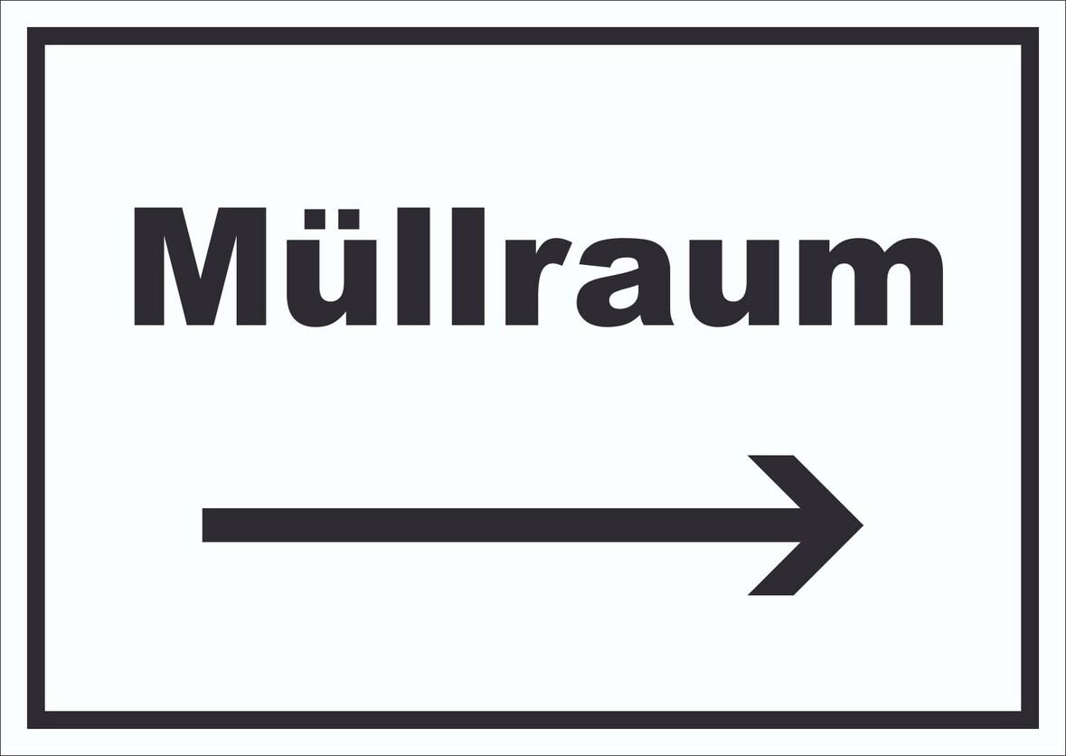 Müllraum Schild mit Text Richtungspfeil rechts Abfall Mülltrennung waagerecht A3 Rückseite selbstklebend