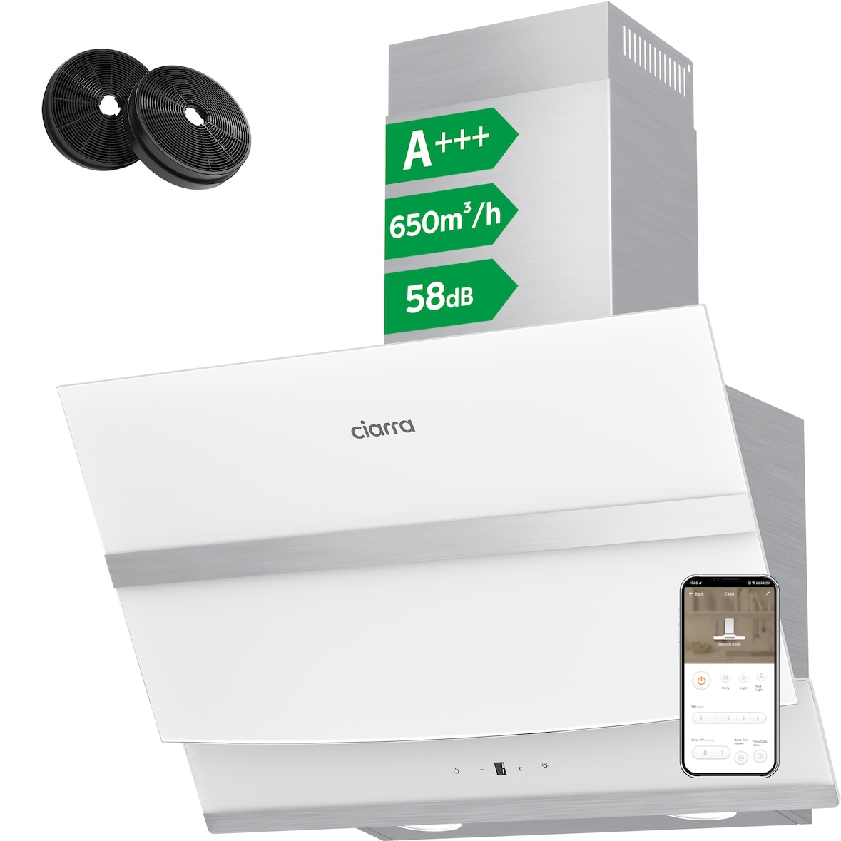 CIARRA A+++ 650 m³/h kookfornuis 60 cm hoofdbereik bonnet WIFI + APP & Touch Control Booster VM6736NW