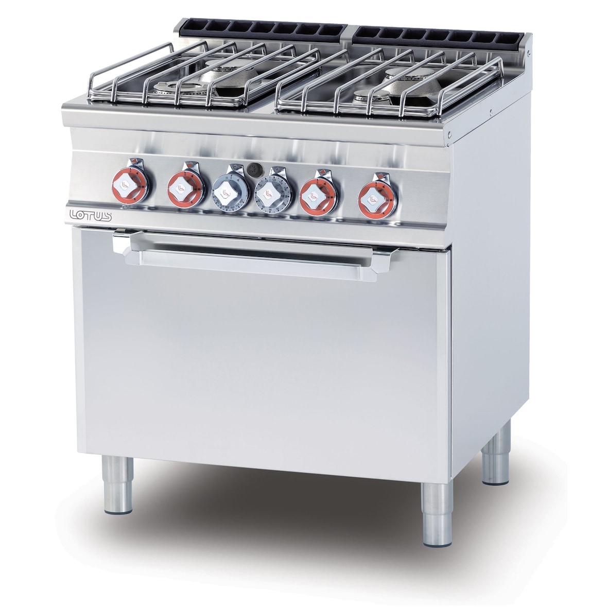 Cucina gas 4 fuochi con forno gas statico GN2/1 e fiamma pilota. Struttura in acciaio Inox. Misure cm 80x70,5 h 90. Modello CF4-78GP