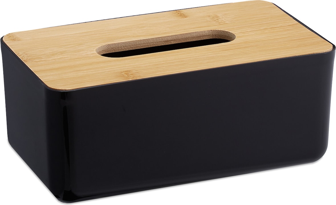 Relaxdays Taschentuchbox, nachfüllbar, Badezimmer, Tücherbox, Bambus-Deckel, Kunststoff, HBT: 10x23x13 cm, schwarz/natur