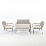thumbnail of Gartenmöbel-Set mit Sofa, 2 Sesseln und Tisch aus Metall und Polyethylen in Holzoptik mit Kissen, ideal für Terrasse und Garten - MATERA - Champagner
