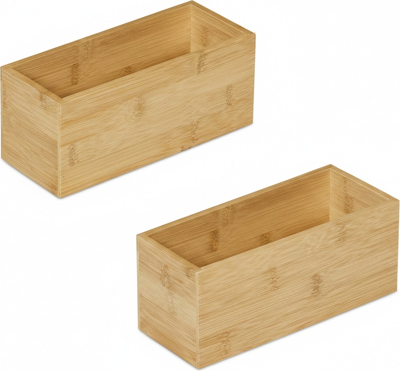Relaxdays Aufbewahrungsbox Bambus, 2er Set, Ordnungsbox ohne Deckel, HBT: 9,5x23x9 cm, Bambusbox Küche, Bad, Büro, natur