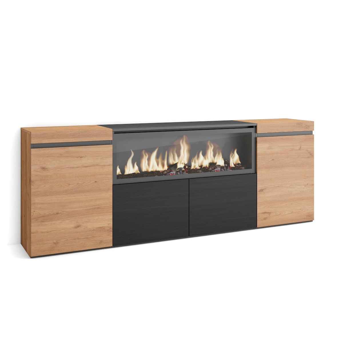 Dressoir, Opbergkast, Buffetkast, Sideboard, 208x35x75cm, 4 Deuren, Elektrische haard XXL, Moderne stijl, Eiken/Zwart _ 417_11