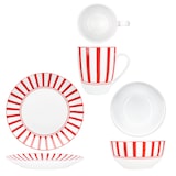 thumbnail of Split rot 18tlg Frühstücksset Porzellan Teller Müslischalen Becher gestreift