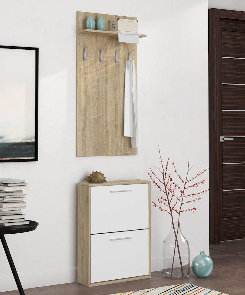 Set Mobile Ingresso Con Specchio, 4 Ganci, Scarpiera E Panca Imbottita, Bianco Moderno, Appendiabiti E Ripiano, Per Corridoio E Hall
