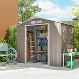 thumbnail of Outsunny caseta de jardín exterior 2,42 m² 213x130x185 cm con puerta corredera techo inclinado y 4 ventanas para patio terraza efecto madera