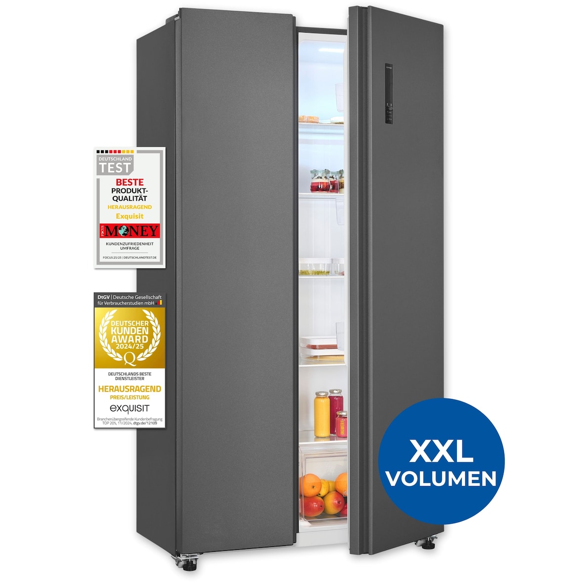 Exquisit Side-by-Side Kühlschrank mit Gefrierfach, 442 Liter, No-Frost, LED-Display, leise 39 dB, Griffmulde, 90 cm Breite, SBS46-040E anthrazit