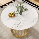 thumbnail of Esstisch rund 80x80x76  Weiß+Gold MDF Tischplatte Metallbeine mit marmorierter Optik für Esszimmer Wohnzimmer Büro verstellbare Bodenschoner