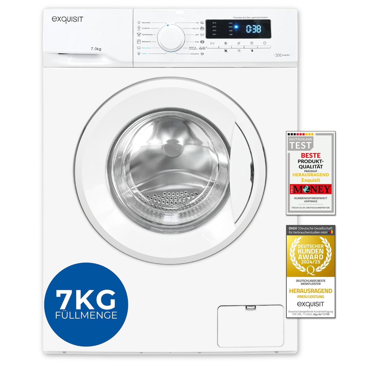 Exquisit Waschmaschine 7kg, Energieeffizienzklasse A, max. 1400 U/Min, Kurzprogramm, Mixprogramm, Startzeitvorwahl (3-24 Std.), WA57014-020A weiss