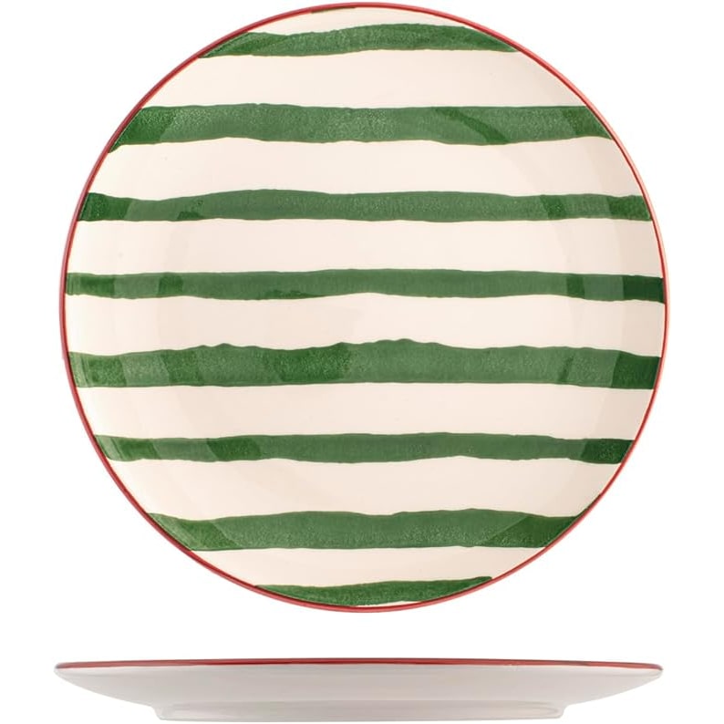 H&H Set 6 Piatti Piani Strip, in Ceramica, Verde e Bianco, 26cm