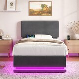 thumbnail of Merax Einzelbett 90x200, Polsterbett mit LED & USB-C, höhenverstellbarem Kopfteil & Unterbett-Stauraum, Cord, Grau