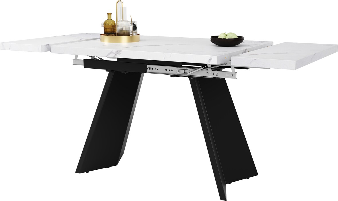 Ausziehbarer Esstisch MDF Metall Weiß+Schwarz 159x74x77 cm mit Marmoroptik Tischplatte, Schiebesystem mit Metallschienen, stabile Stahlbeine