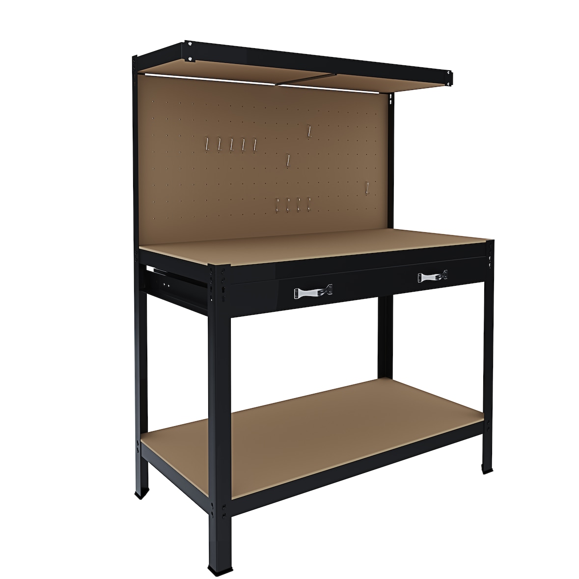 Banco Tavolo Da Lavoro 3 Livelli 120 x 60 Cm Max 370 Kg Cassetto Parete Pannello Forato Porta Attrezzi Utensili Garage Officina Cantina Magazzino Nero