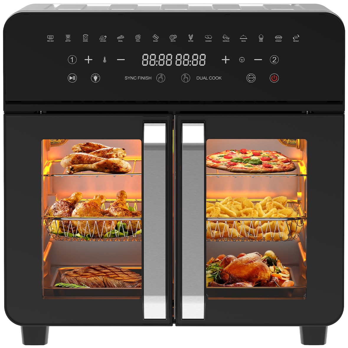 Heißluftfritteuse 23L Dual Zone - XXL Airfryer mit French Door | Heissluftfritteuse Ofen mit Doppelkammer, 15 Programme, 2200W, 12 Zubehör, 50-200℃