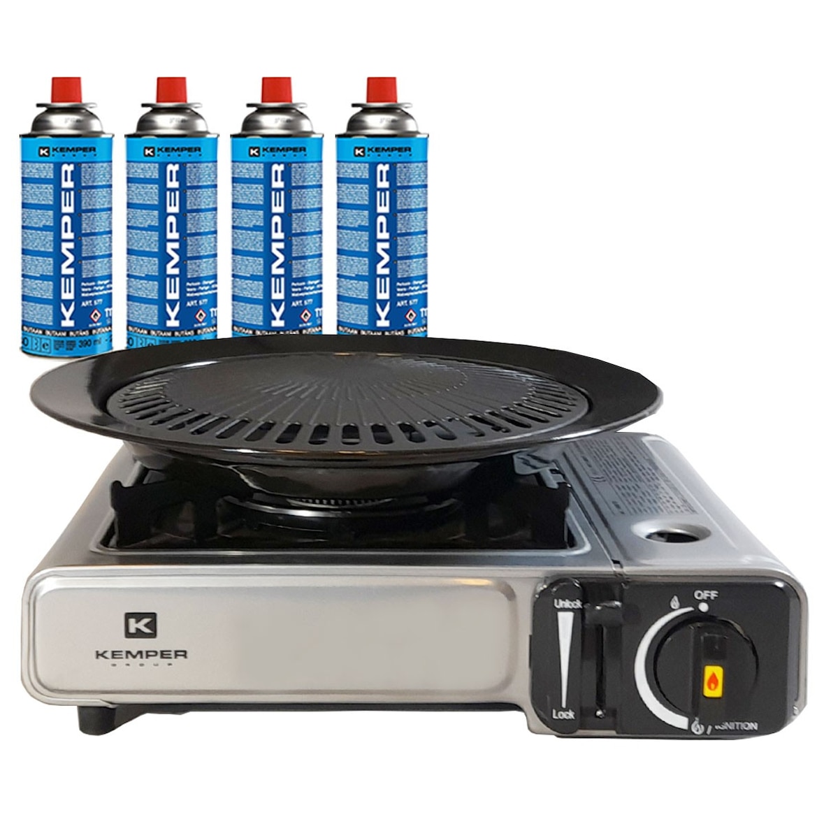 Barbecue gaz Grill 2en1 Réchaud gaz piézo 2200 W + 4 cartouches gaz butane KEMPER