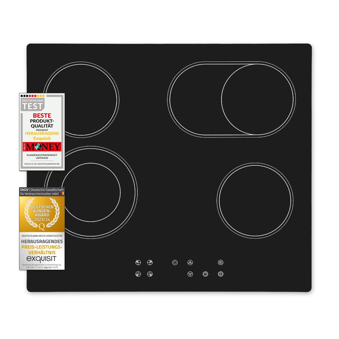 Exquisit Kochfeld EKC 601-2.1 BZ | Glaskeramik | Touch Control | 4 Kochstellen | Bräterzone | 6100 W