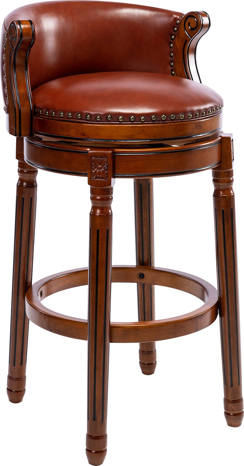 Barhocker aus Echtleder und Holz in Braun, 360° drehbar, Sitzhöhe 74,9 cm, mit Rückenlehne