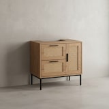 thumbnail of Waschbeckenunterschrank Eiche-Optik 60x60x40 cm mit Tür und Schubladen, Badezimmerschrank mit Rattangeflecht, Unterschrank Stehend, Badschrank