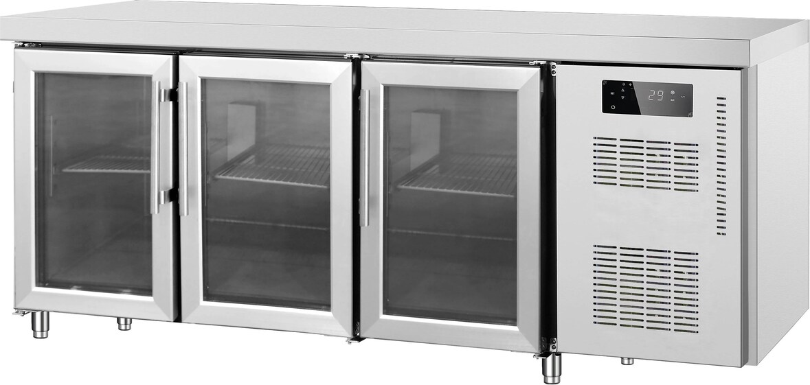 Kühltisch 3 Glastüren, Edelstahl -2 +8 °C 179,5x70x85h cm tropentauglich