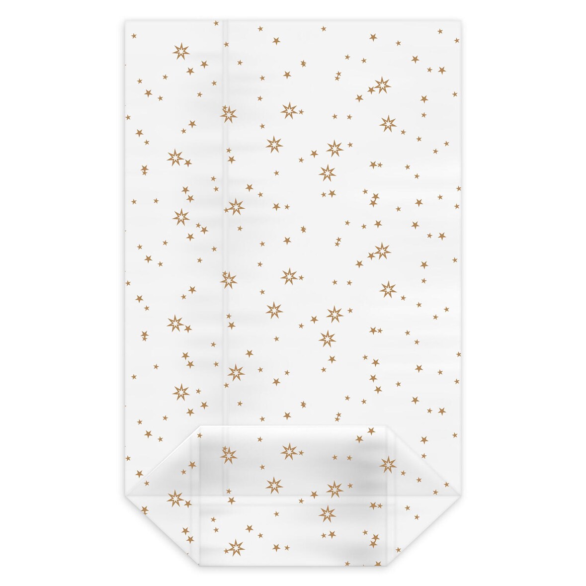 VEPATIM 100 Kreuzbodenbeutel klar mit Sternen gold 180 x 300 + 75mm mit verschweißtem Boden