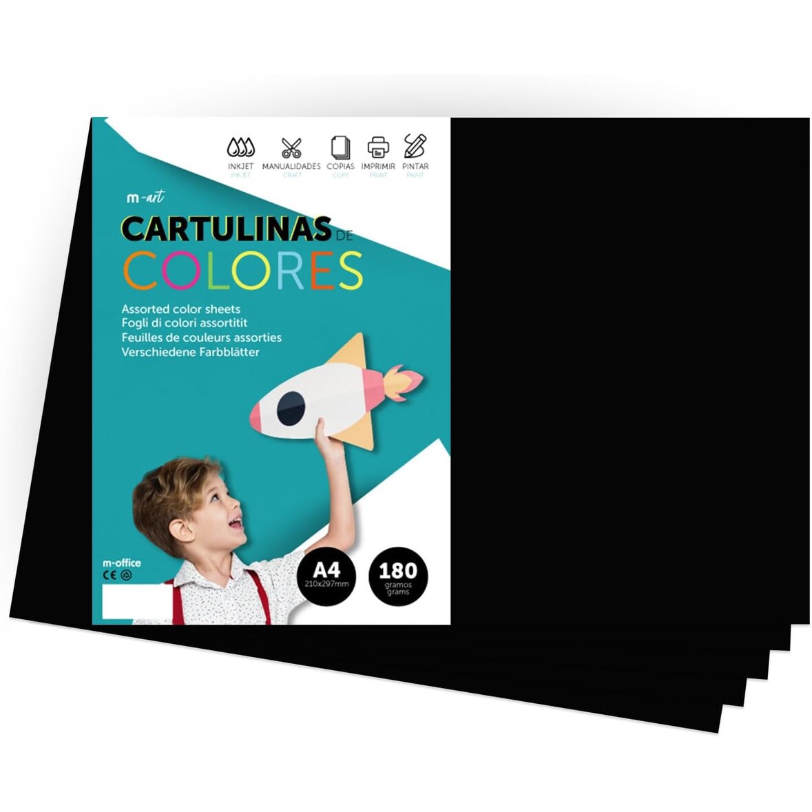 Cartulina de Colores, Cartulina A4 Colores Intensos, Hojas de Colores 180gr para Manualidades · m-office (10 hojas, Negro)