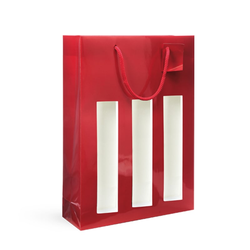 Saco 3 garrafas com janela vermelho de papel peliculado e pegas de cordão por 100 - Gimex