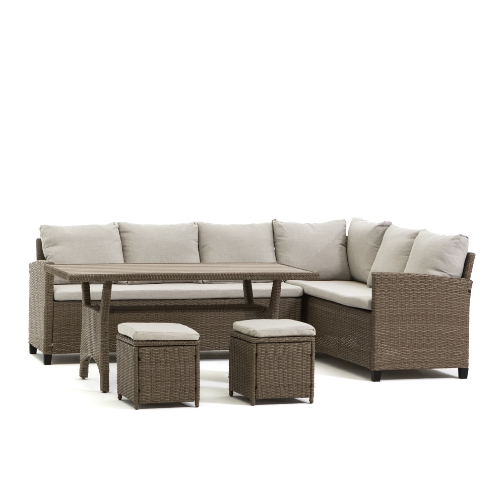 Set de comedor de exterior en polirratán con sofá esquinero de 7 plazas, 2 pufs y mesa 145x75 cm, diseño elegante para jardín y terraza - FIRENZE