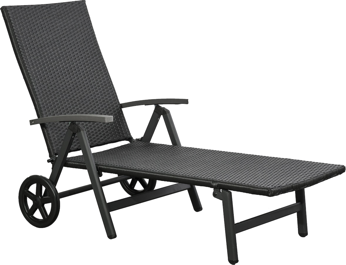 Outsunny Tumbona de Ratán con Respaldo Reclinable 7 Posiciones y Ruedas 192x74x55cm Negro