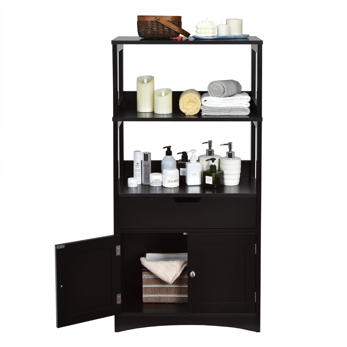 Helloshop26 - Badezimmerschrank 32,5 x 60 x 122 cm mit Schublade und viel Stauraum modernes Design schwarzes MDF 20_0010313