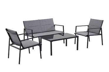 aro Conjunto de exterior, 4 peças, aço/tecido sintético, 2 cadeiras, 1 sofá de 2 lugares, 1 mesa de centro, preto/cinzento