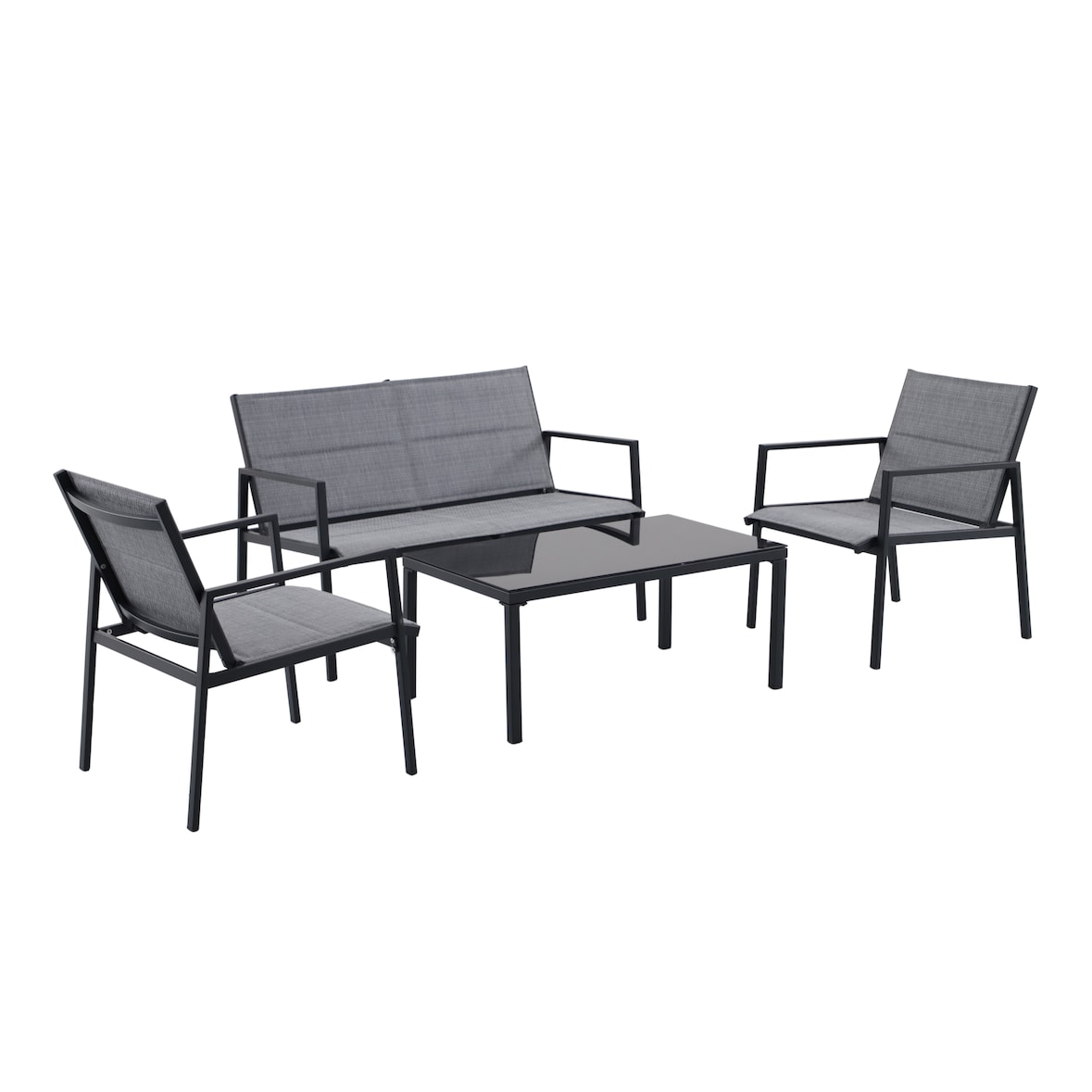 aro Outdoor loungeset, 4-delig, staal/synthetische stof, 2 enkele fauteuils, 1 2-zitsbank, 1 salontafel, zwart/grijs