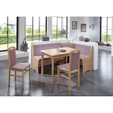 thumbnail of Truhen-Eckbankgruppe, Buche Natur Dekor; Eckbank, 2 Stühle + Vierfußtisch; Flachgewebe rosa